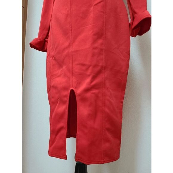 ❤️ Long Ruffle Sleeve Front Slit Bodycon Boat Neck Party Midi Red Dress M NEW - Picture 15 of 17